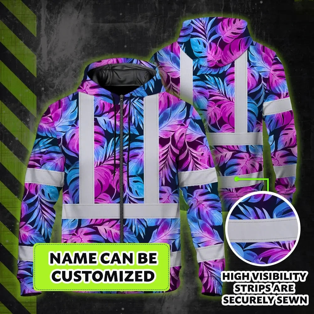 Hi Vis Zip Hoodie Reflective Tapes Gradient Blue Violet Custom Name Safety Workwear For Workers, Truckers, Operators