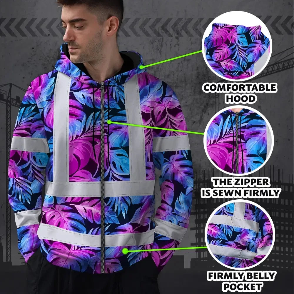 Hi Vis Zip Hoodie Reflective Tapes Gradient Blue Violet Custom Name Safety Workwear For Workers, Truckers, Operators