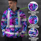 Hi Vis Zip Hoodie Reflective Tapes Gradient Blue Violet Custom Name Safety Workwear For Workers, Truckers, Operators