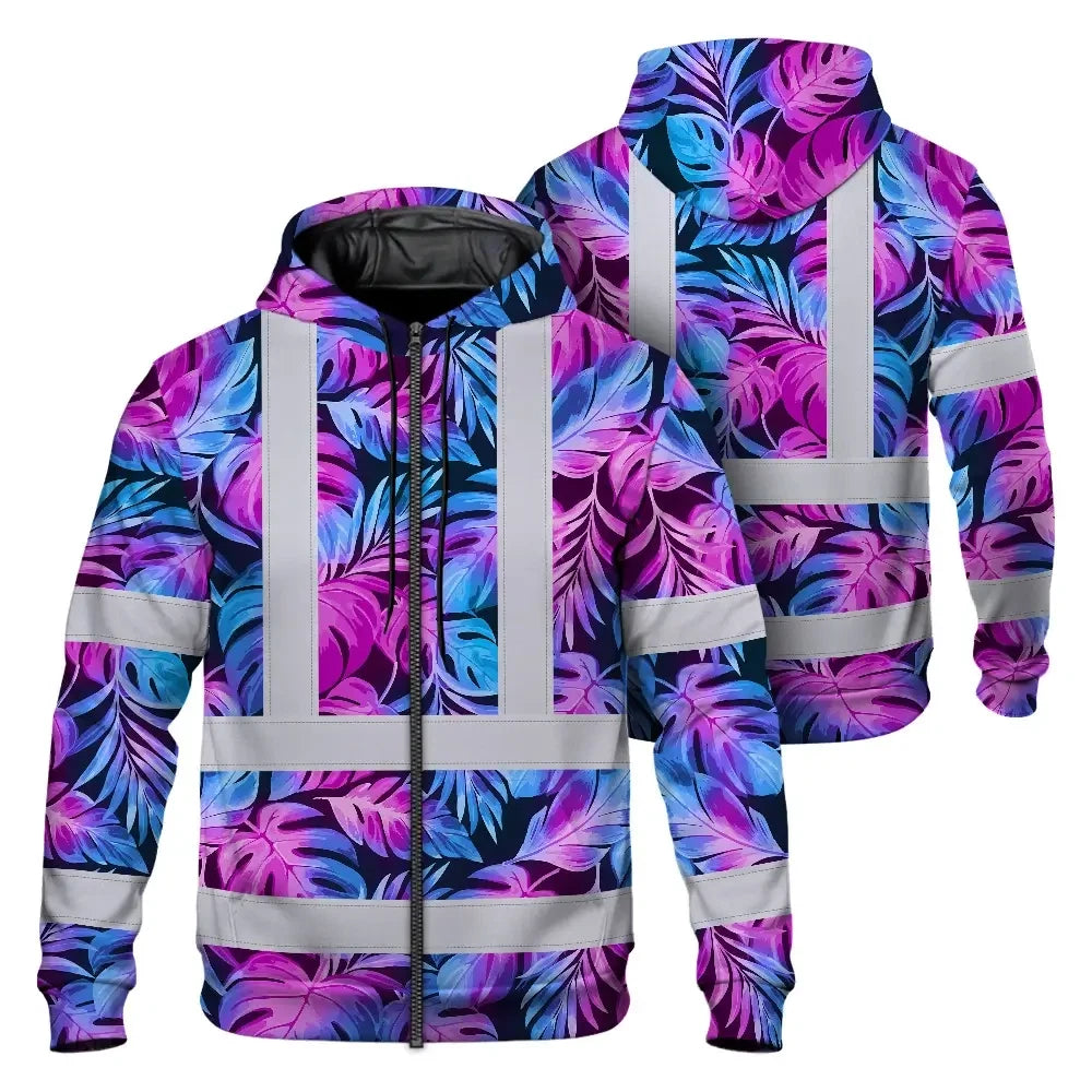 Hi Vis Zip Hoodie Reflective Tapes Gradient Blue Violet Custom Name Safety Workwear For Workers, Truckers, Operators
