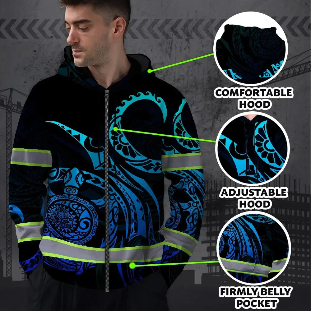 Hi Vis Zip Hoodie Reflective Tapes Gradient Turtle Hawaiian Polynesian Tribal Custom Name