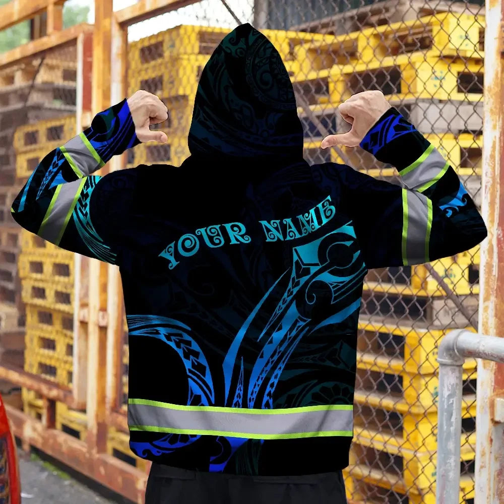 Hi Vis Zip Hoodie Reflective Tapes Gradient Turtle Hawaiian Polynesian Tribal Custom Name
