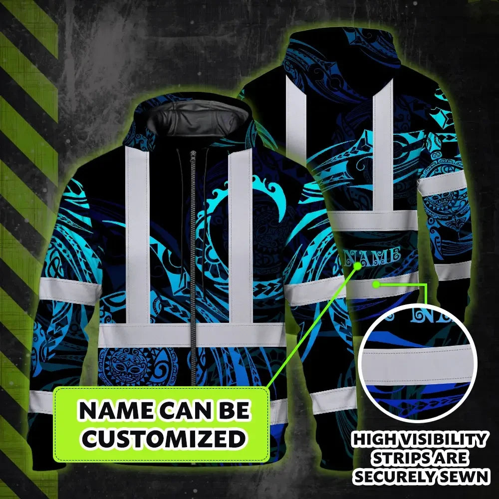 Hi Vis Zip Hoodie Reflective Tapes Gradient Turtle Hawaiian Polynesian Tribal Custom Name Safety Workwear For Workers, Truckers, Operators