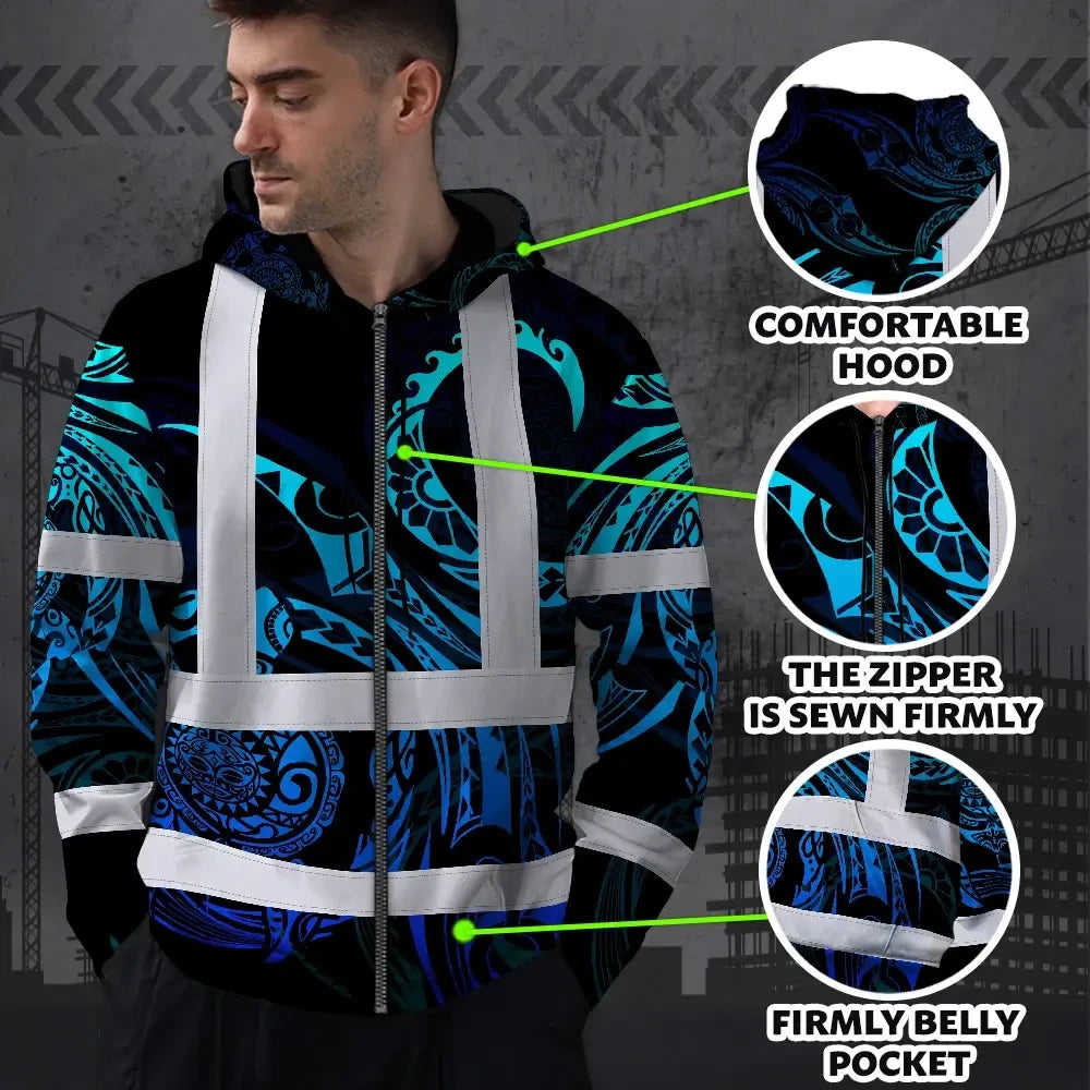 Hi Vis Zip Hoodie Reflective Tapes Gradient Turtle Hawaiian Polynesian Tribal Custom Name Safety Workwear For Workers, Truckers, Operators