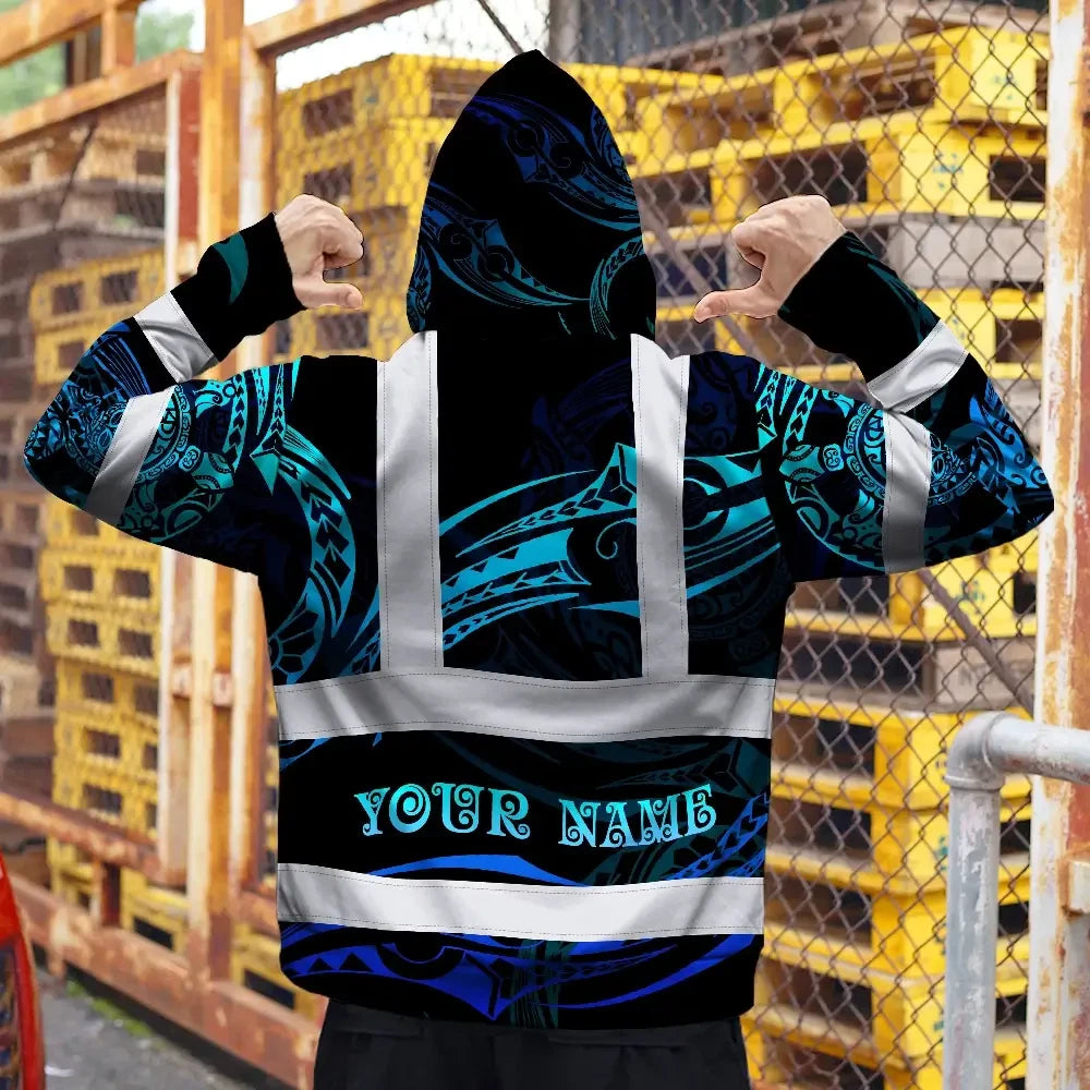 Hi Vis Zip Hoodie Reflective Tapes Gradient Turtle Hawaiian Polynesian Tribal Custom Name Safety Workwear For Workers, Truckers, Operators