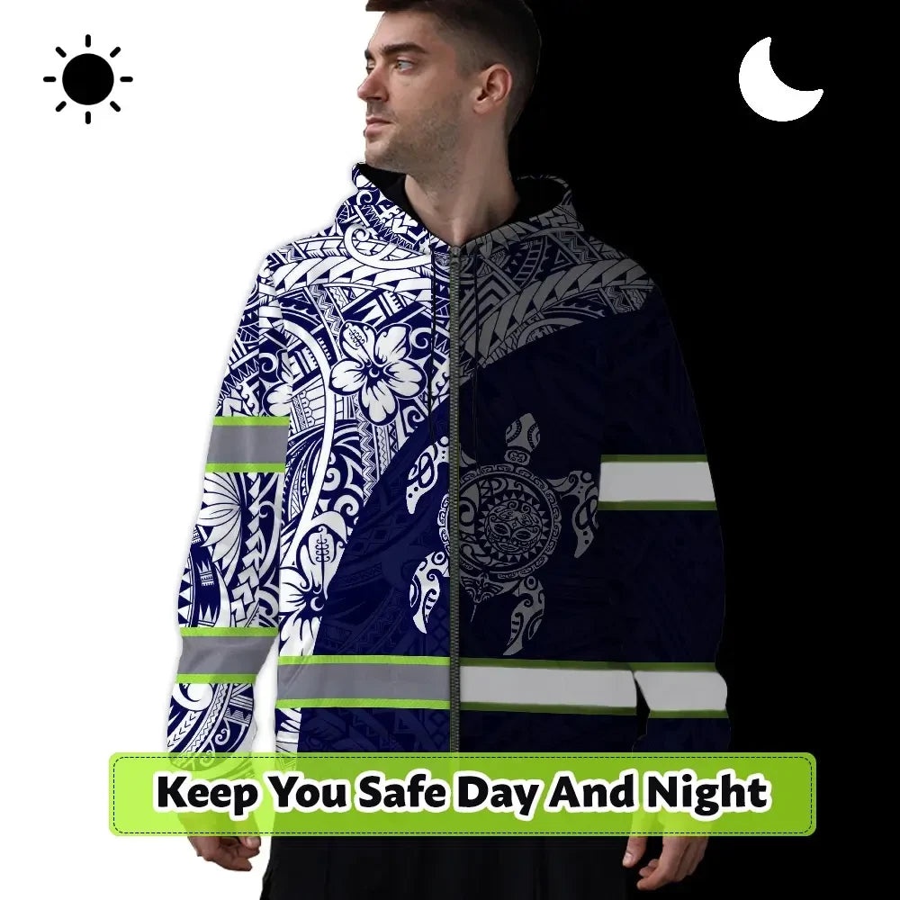 Hi Vis Zip Hoodie Reflective Tapes Gradient Turtle Hawaiian Polynesian Tribal Custom Name