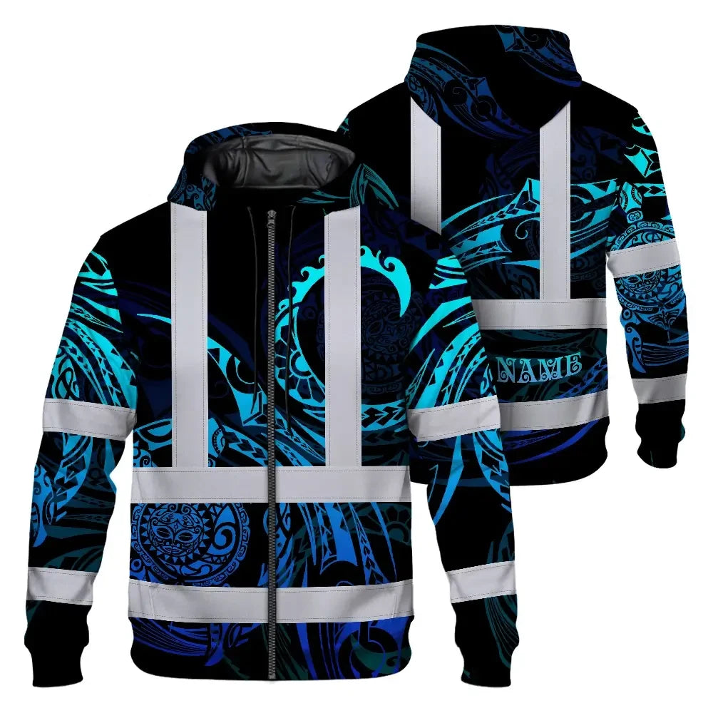 Hi Vis Zip Hoodie Reflective Tapes Gradient Turtle Hawaiian Polynesian Tribal Custom Name Safety Workwear For Workers, Truckers, Operators
