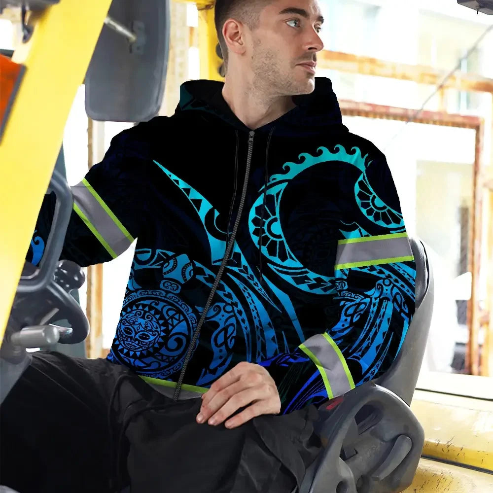 Hi Vis Zip Hoodie Reflective Tapes Gradient Turtle Hawaiian Polynesian Tribal Custom Name