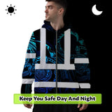 Hi Vis Zip Hoodie Reflective Tapes Gradient Turtle Hawaiian Polynesian Tribal Custom Name Safety Workwear For Workers, Truckers, Operators