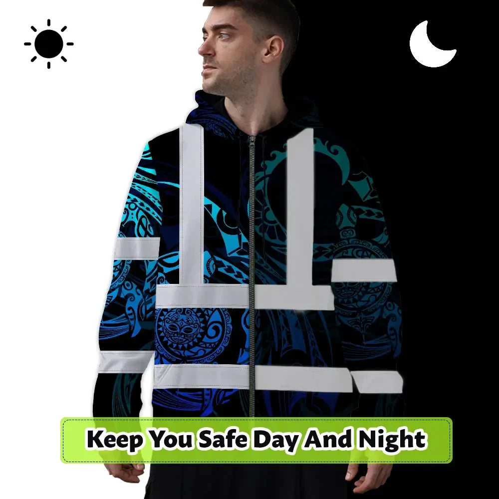 Hi Vis Zip Hoodie Reflective Tapes Gradient Turtle Hawaiian Polynesian Tribal Custom Name Safety Workwear For Workers, Truckers, Operators