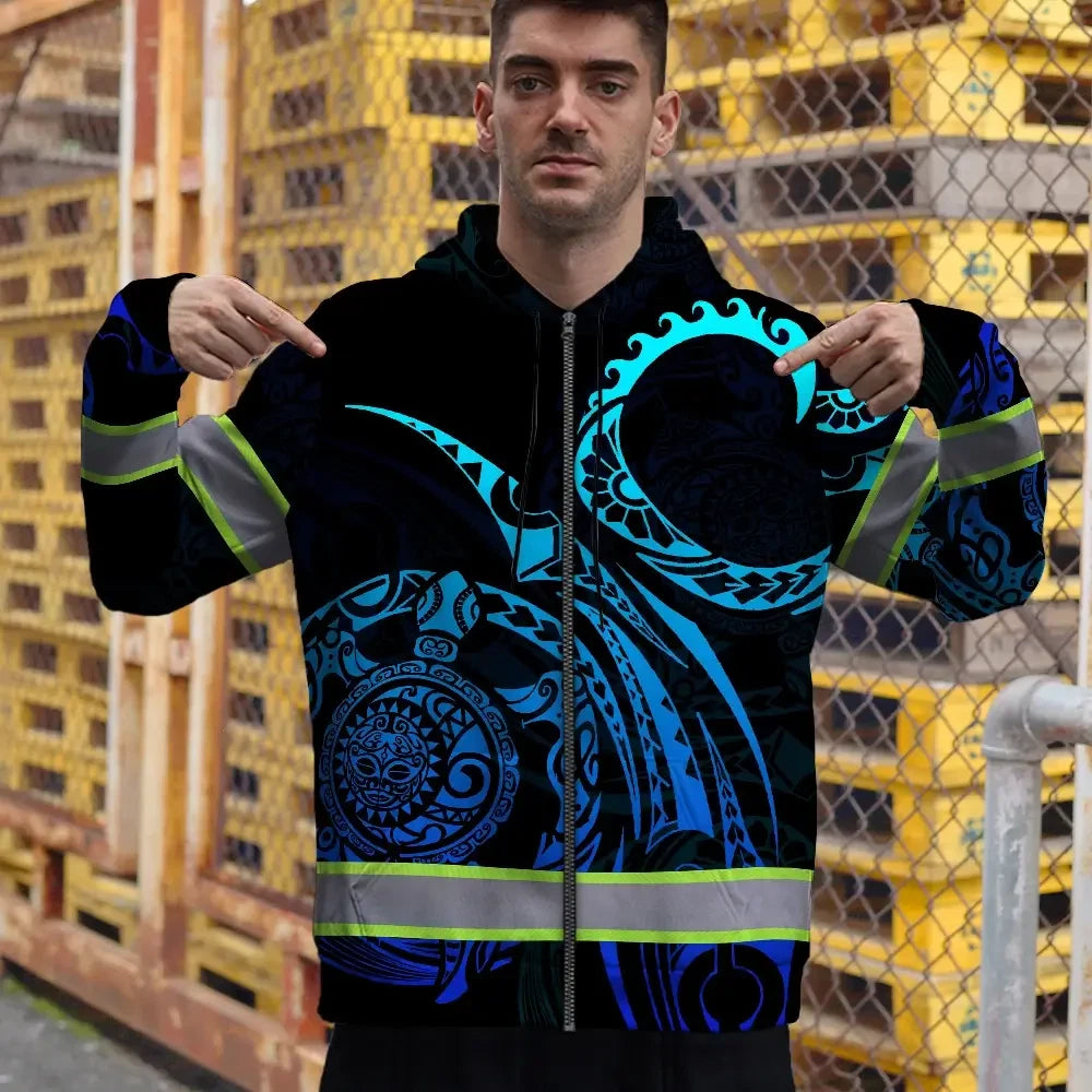 Hi Vis Zip Hoodie Reflective Tapes Gradient Turtle Hawaiian Polynesian Tribal Custom Name