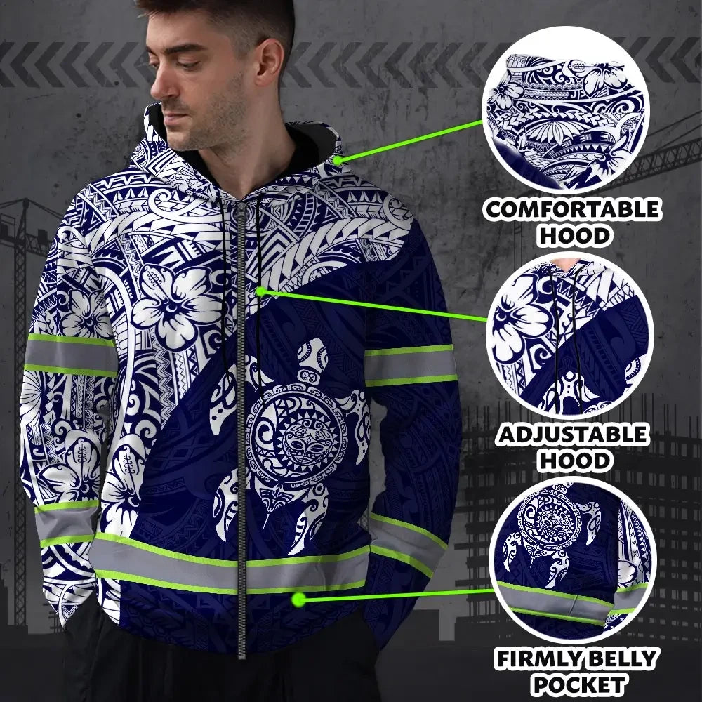 Hi Vis Zip Hoodie Reflective Tapes Gradient Turtle Hawaiian Polynesian Tribal Custom Name