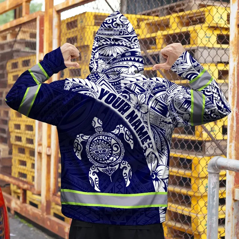 Hi Vis Zip Hoodie Reflective Tapes Gradient Turtle Hawaiian Polynesian Tribal Custom Name