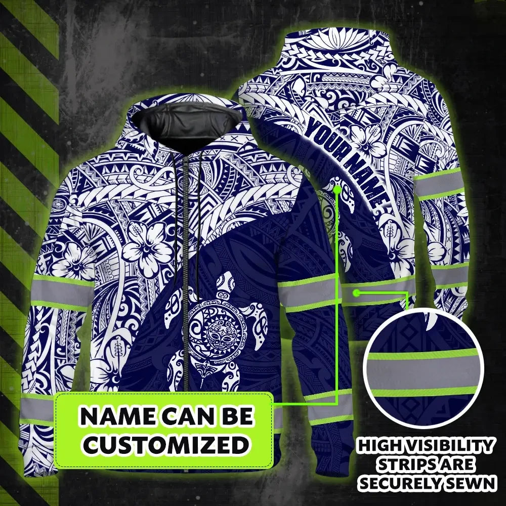 Hi Vis Zip Hoodie Reflective Tapes Gradient Turtle Hawaiian Polynesian Tribal Custom Name
