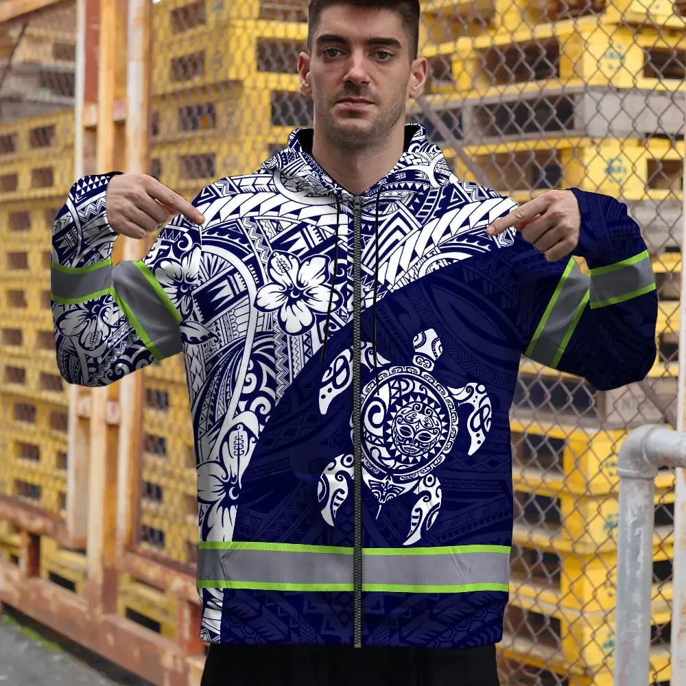 Hi Vis Zip Hoodie Reflective Tapes Gradient Turtle Hawaiian Polynesian Tribal Custom Name