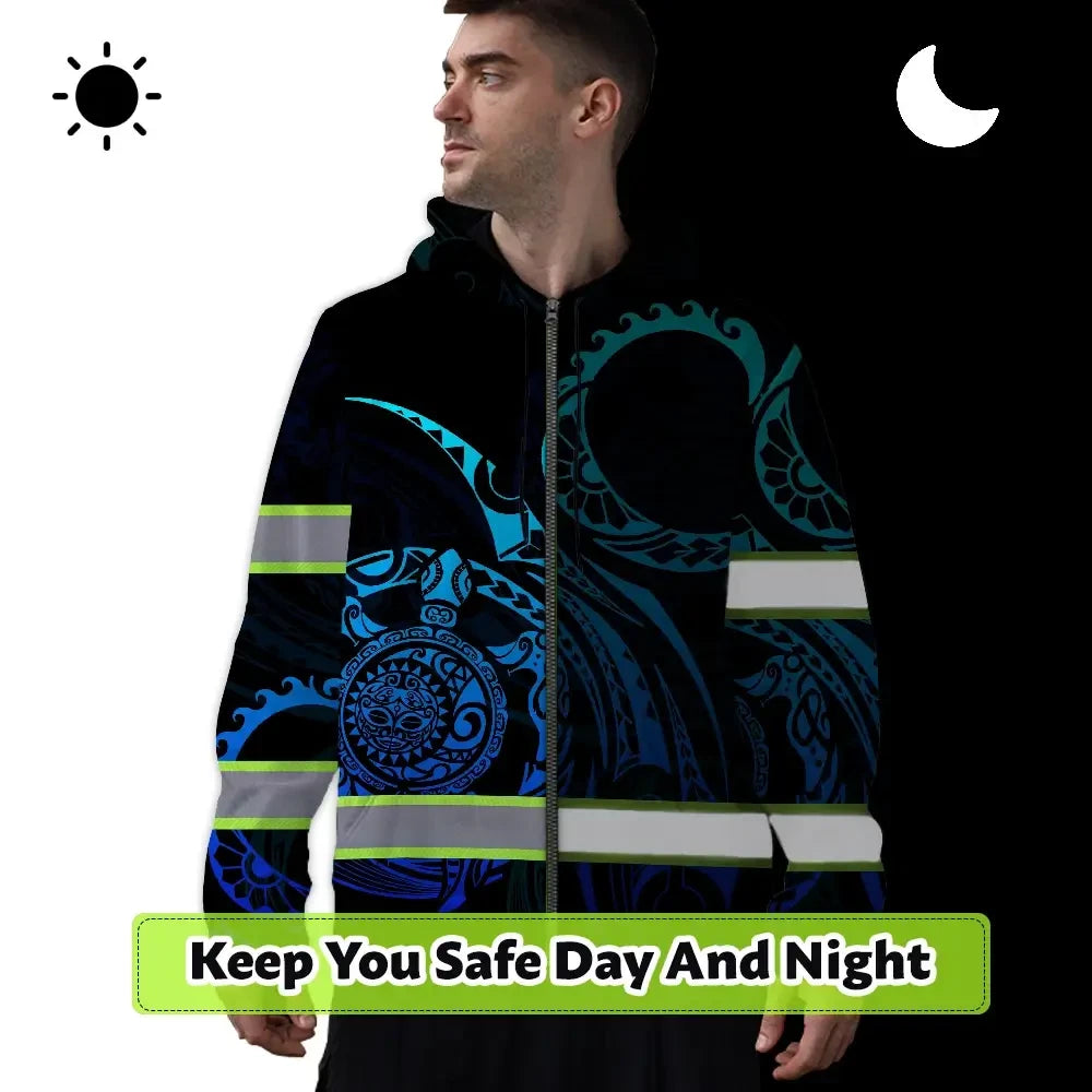 Hi Vis Zip Hoodie Reflective Tapes Gradient Turtle Hawaiian Polynesian Tribal Custom Name