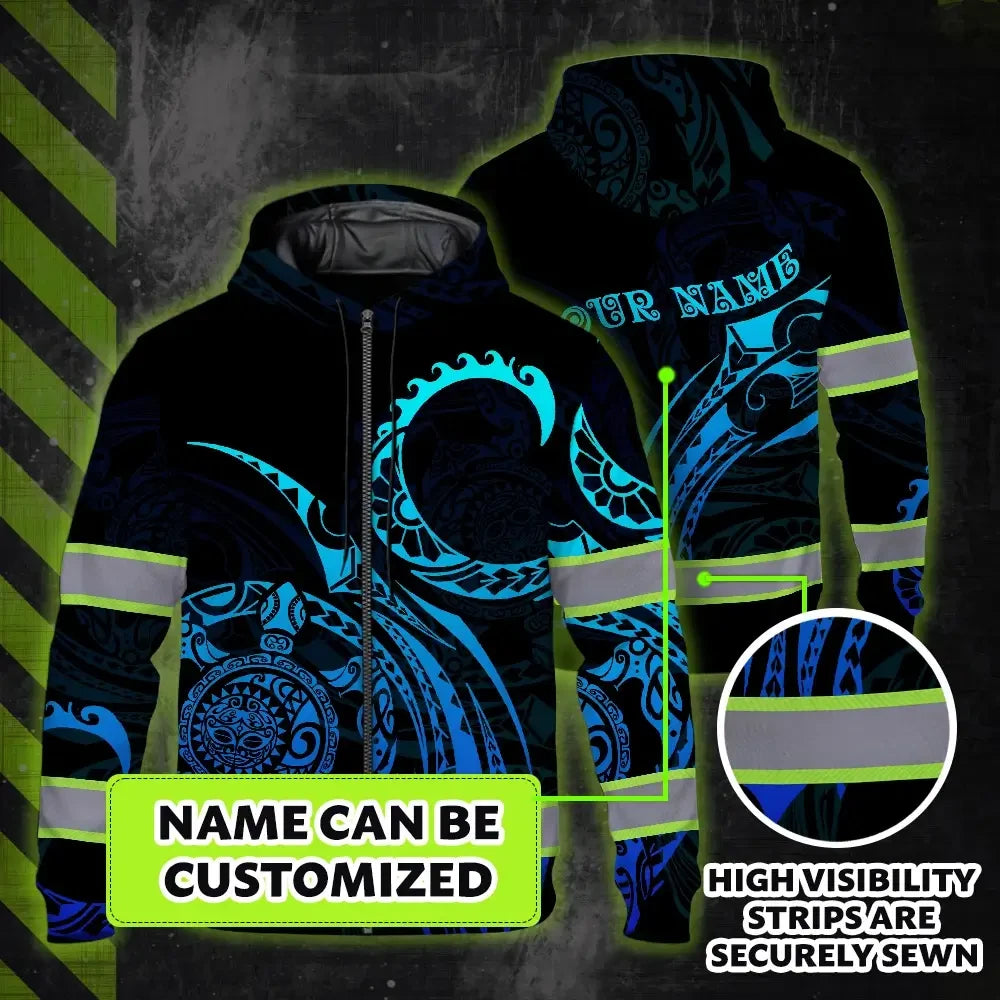 Hi Vis Zip Hoodie Reflective Tapes Gradient Turtle Hawaiian Polynesian Tribal Custom Name