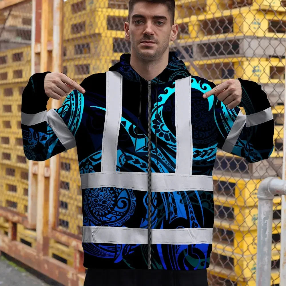 Hi Vis Zip Hoodie Reflective Tapes Gradient Turtle Hawaiian Polynesian Tribal Custom Name Safety Workwear For Workers, Truckers, Operators