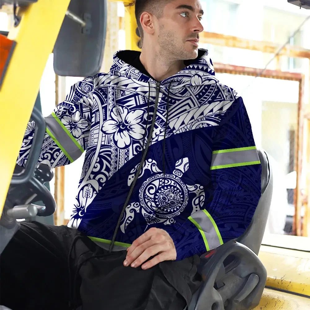 Hi Vis Zip Hoodie Reflective Tapes Gradient Turtle Hawaiian Polynesian Tribal Custom Name