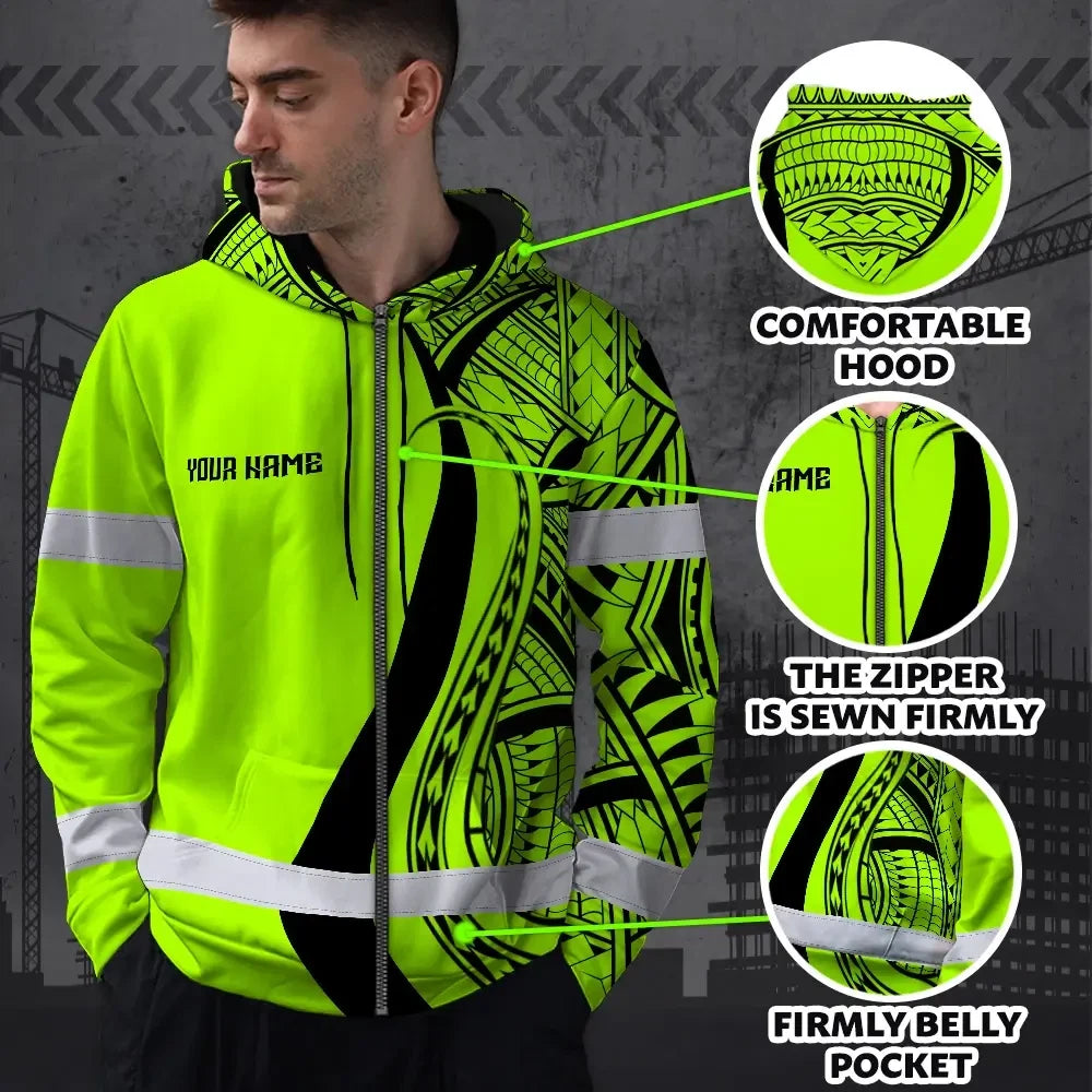 Hi Vis Zip Hoodie Reflective Tapes Green And Black Neon Hawaii Custom Name Safety Workwear For Workers, Truckers, Operators