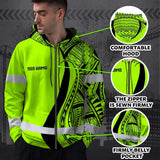 Hi Vis Zip Hoodie Reflective Tapes Green And Black Neon Hawaii Custom Name Safety Workwear For Workers, Truckers, Operators