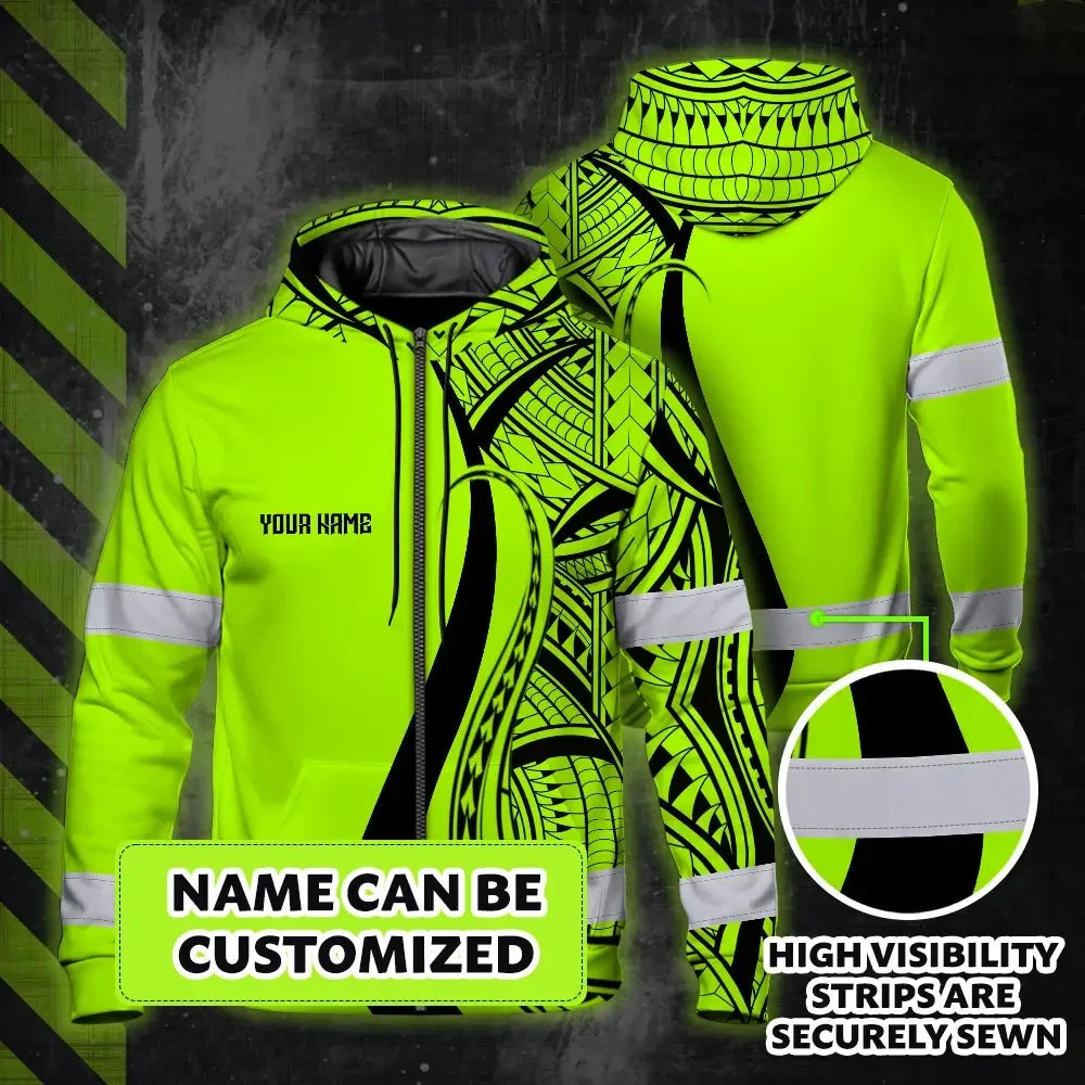 Hi Vis Zip Hoodie Reflective Tapes Green And Black Neon Hawaii Custom Name Safety Workwear For Workers, Truckers, Operators