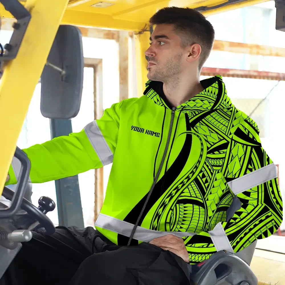Hi Vis Zip Hoodie Reflective Tapes Green And Black Neon Hawaii Custom Name Safety Workwear For Workers, Truckers, Operators