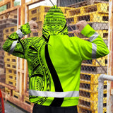 Hi Vis Zip Hoodie Reflective Tapes Green And Black Neon Hawaii Custom Name Safety Workwear For Workers, Truckers, Operators