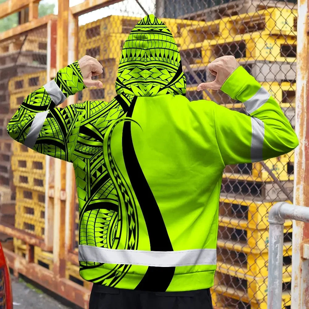 Hi Vis Zip Hoodie Reflective Tapes Green And Black Neon Hawaii Custom Name Safety Workwear For Workers, Truckers, Operators