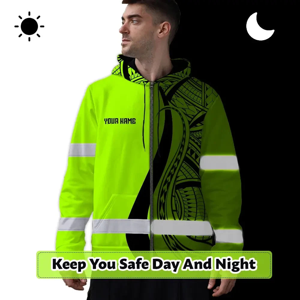 Hi Vis Zip Hoodie Reflective Tapes Green And Black Neon Hawaii Custom Name Safety Workwear For Workers, Truckers, Operators