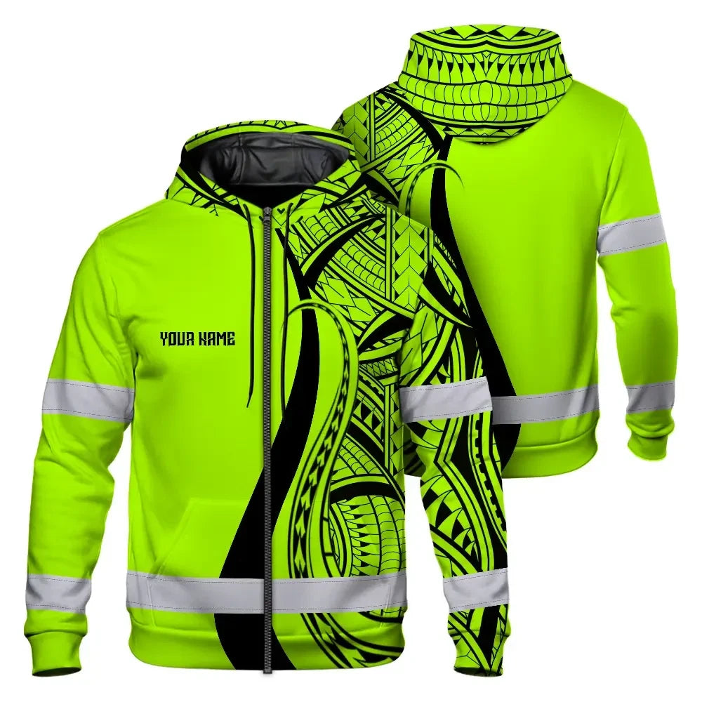Hi Vis Zip Hoodie Reflective Tapes Green And Black Neon Hawaii Custom Name Safety Workwear For Workers, Truckers, Operators