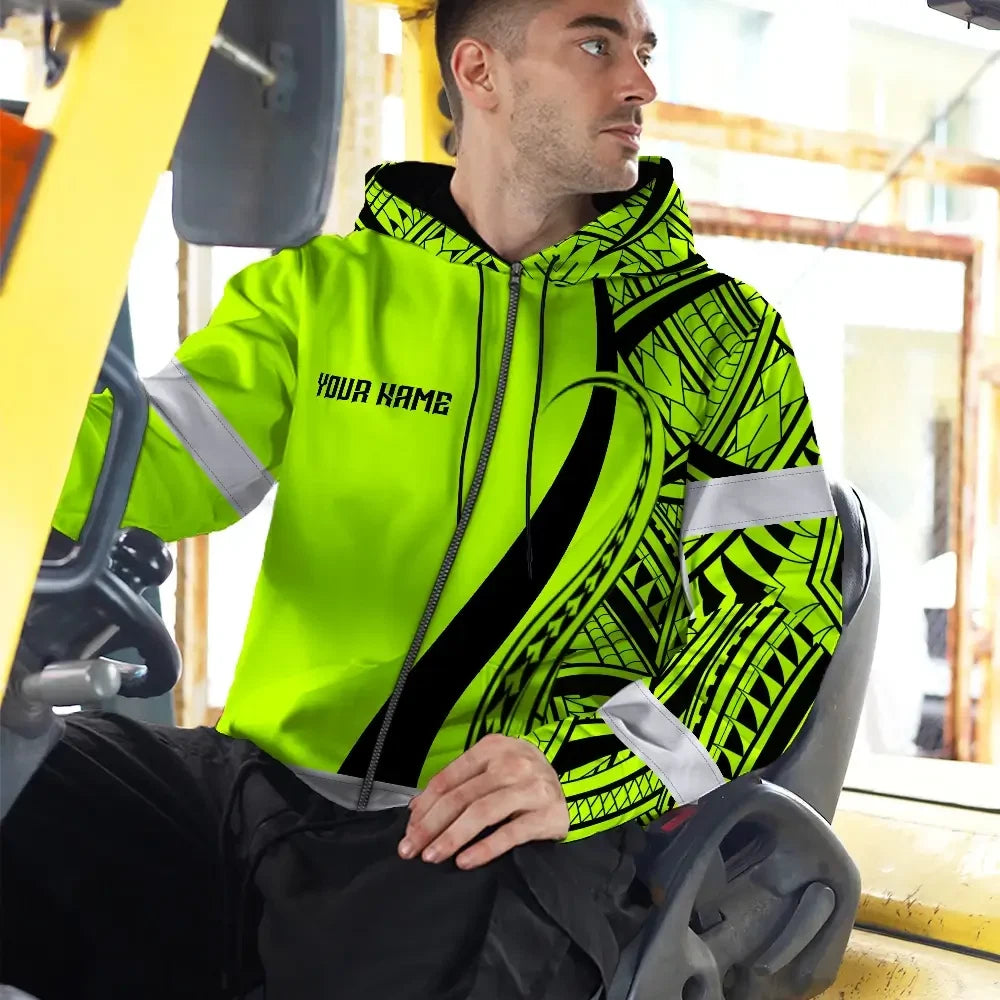Hi Vis Zip Hoodie Reflective Tapes Green And Black Neon Hawaii Custom Name Safety Workwear For Workers, Truckers, Operators