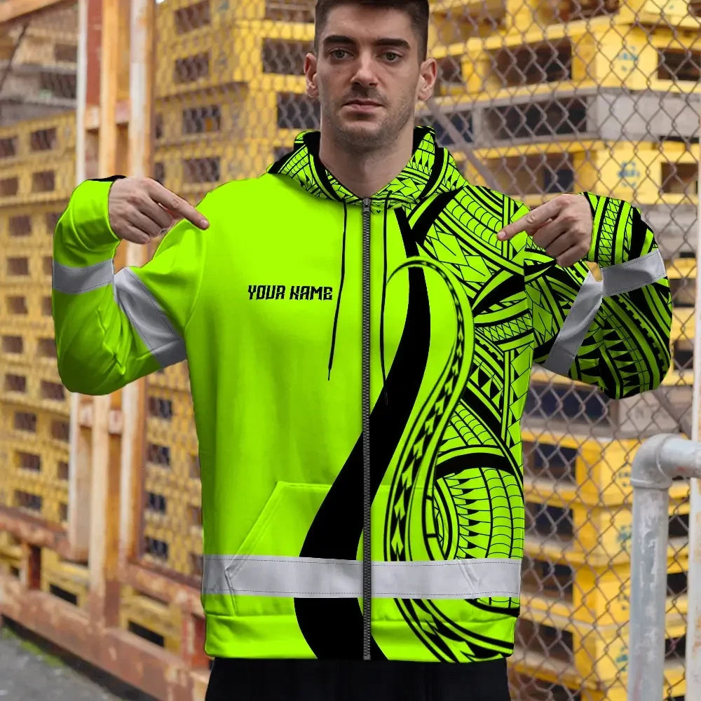 Hi Vis Zip Hoodie Reflective Tapes Green And Black Neon Hawaii Custom Name Safety Workwear For Workers, Truckers, Operators