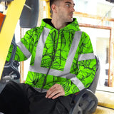 Hi Vis Zip Hoodie Reflective Tapes Green Black Neon Flowers Custom Name Safety Workwear For Workers, Truckers, Operators