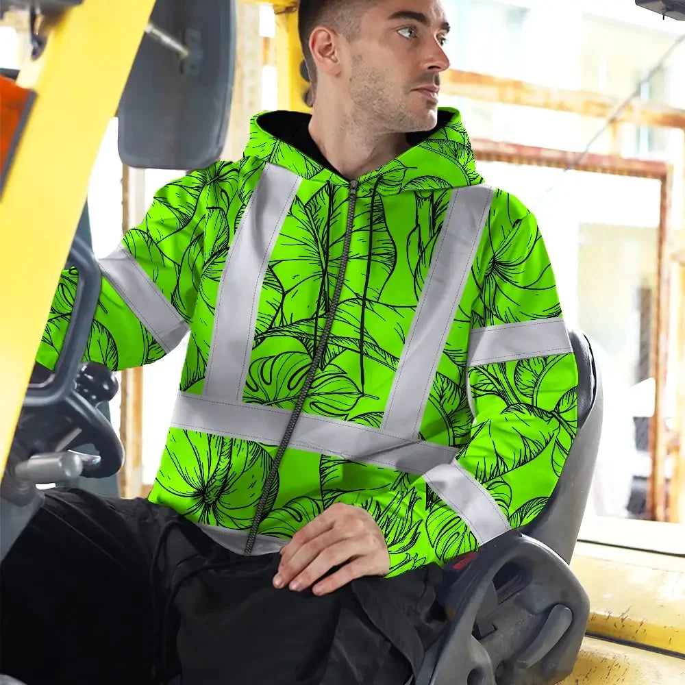 Hi Vis Zip Hoodie Reflective Tapes Green Black Neon Flowers Custom Name Safety Workwear For Workers, Truckers, Operators