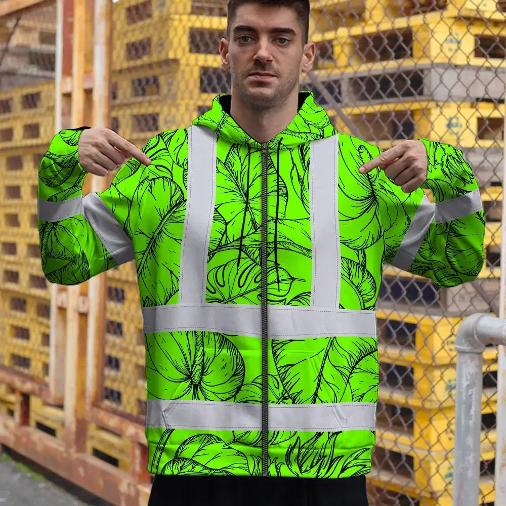 Hi Vis Zip Hoodie Reflective Tapes Green Black Neon Flowers Custom Name Safety Workwear For Workers, Truckers, Operators