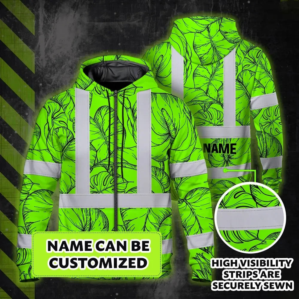 Hi Vis Zip Hoodie Reflective Tapes Green Black Neon Flowers Custom Name Safety Workwear For Workers, Truckers, Operators