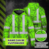 Hi Vis Zip Hoodie Reflective Tapes Green Black Neon Flowers Custom Name Safety Workwear For Workers, Truckers, Operators
