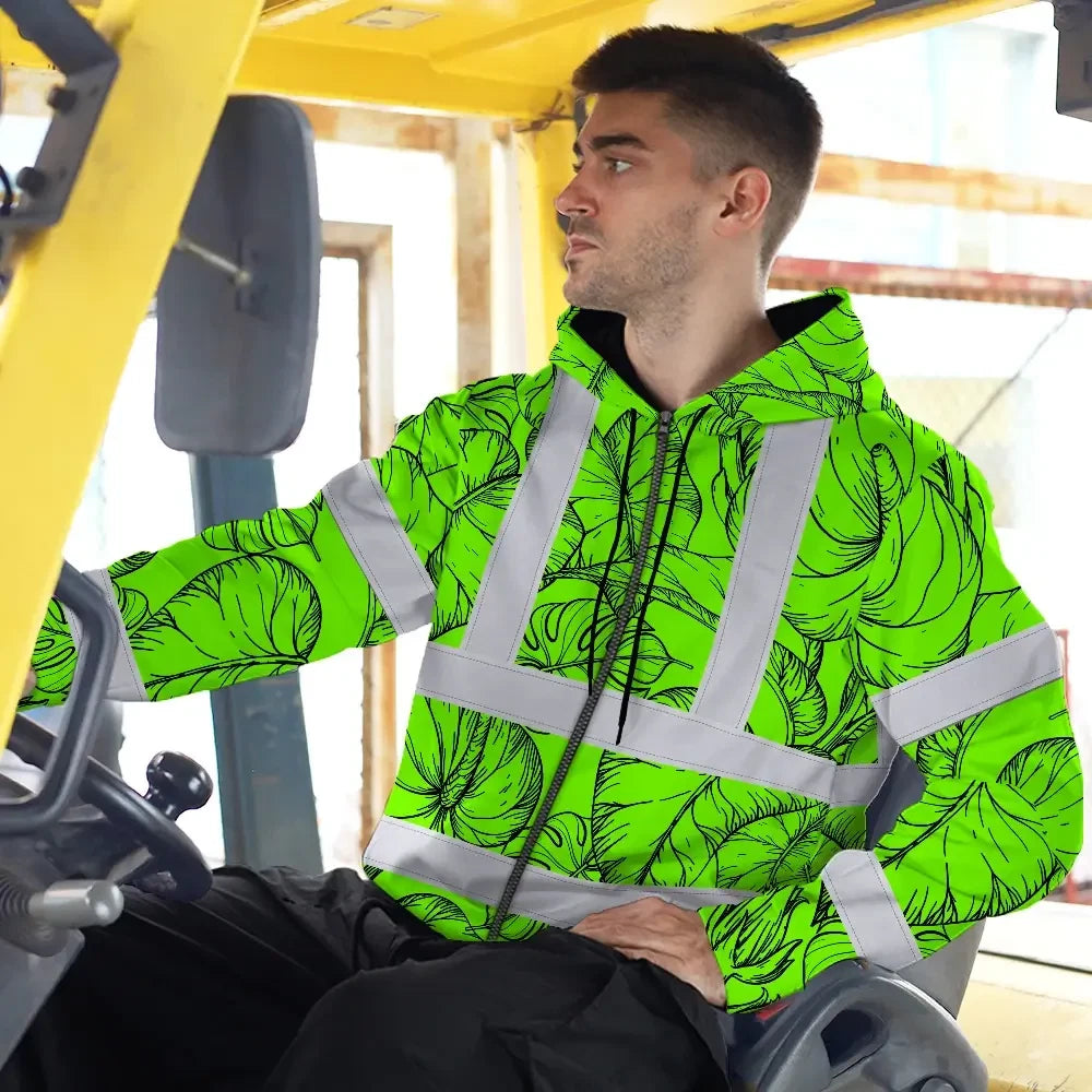 Hi Vis Zip Hoodie Reflective Tapes Green Black Neon Flowers Custom Name Safety Workwear For Workers, Truckers, Operators