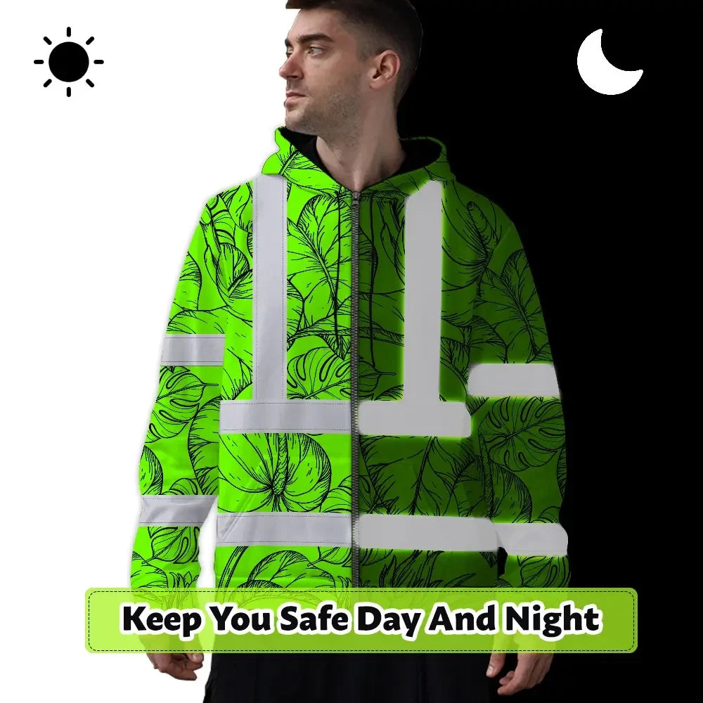 Hi Vis Zip Hoodie Reflective Tapes Green Black Neon Flowers Custom Name Safety Workwear For Workers, Truckers, Operators