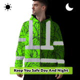 Hi Vis Zip Hoodie Reflective Tapes Green Black Neon Flowers Custom Name Safety Workwear For Workers, Truckers, Operators