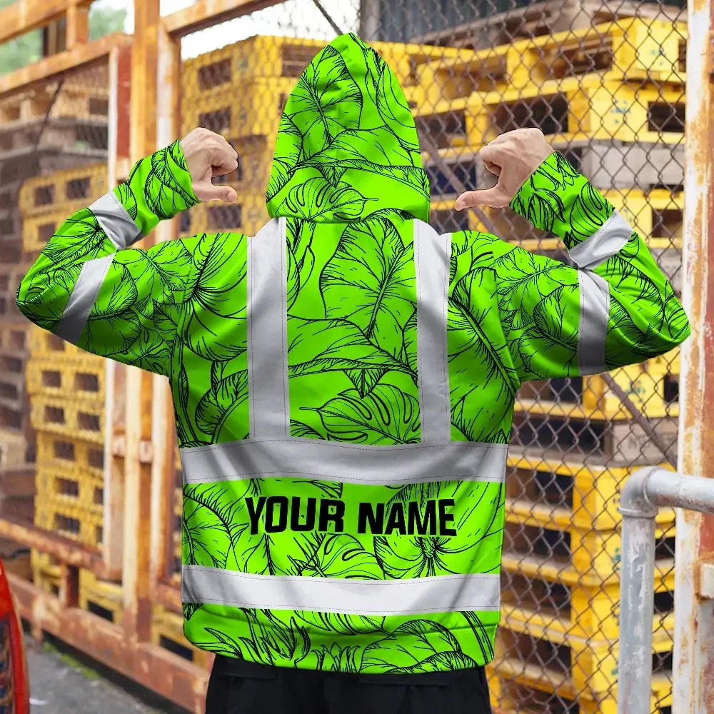 Hi Vis Zip Hoodie Reflective Tapes Green Black Neon Flowers Custom Name Safety Workwear For Workers, Truckers, Operators
