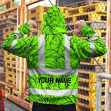 Hi Vis Zip Hoodie Reflective Tapes Green Black Neon Flowers Custom Name Safety Workwear For Workers, Truckers, Operators