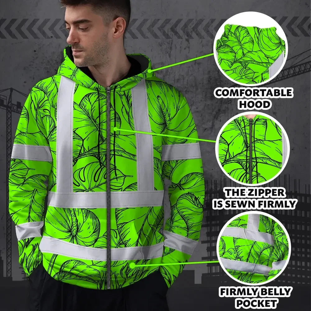 Hi Vis Zip Hoodie Reflective Tapes Green Black Neon Flowers Custom Name Safety Workwear For Workers, Truckers, Operators