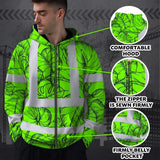 Hi Vis Zip Hoodie Reflective Tapes Green Black Neon Flowers Custom Name Safety Workwear For Workers, Truckers, Operators