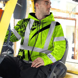 Hi Vis Zip Hoodie Reflective Tapes Green Hawaiian Polynesian Tribal Custom Name Safety Workwear For Workers, Truckers, Operators