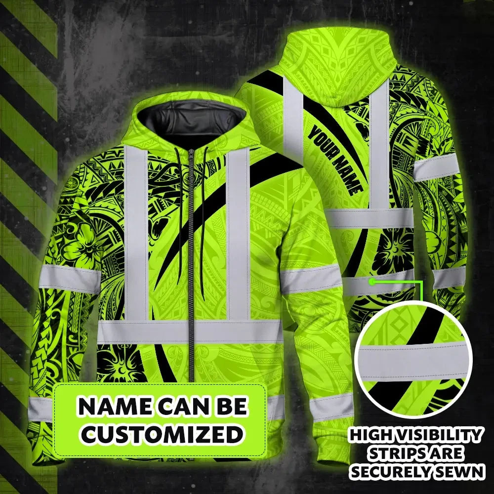 Hi Vis Zip Hoodie Reflective Tapes Green Hawaiian Polynesian Tribal Custom Name Safety Workwear For Workers, Truckers, Operators
