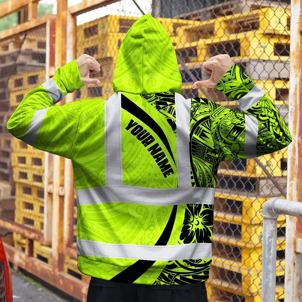 Hi Vis Zip Hoodie Reflective Tapes Green Hawaiian Polynesian Tribal Custom Name Safety Workwear For Workers, Truckers, Operators