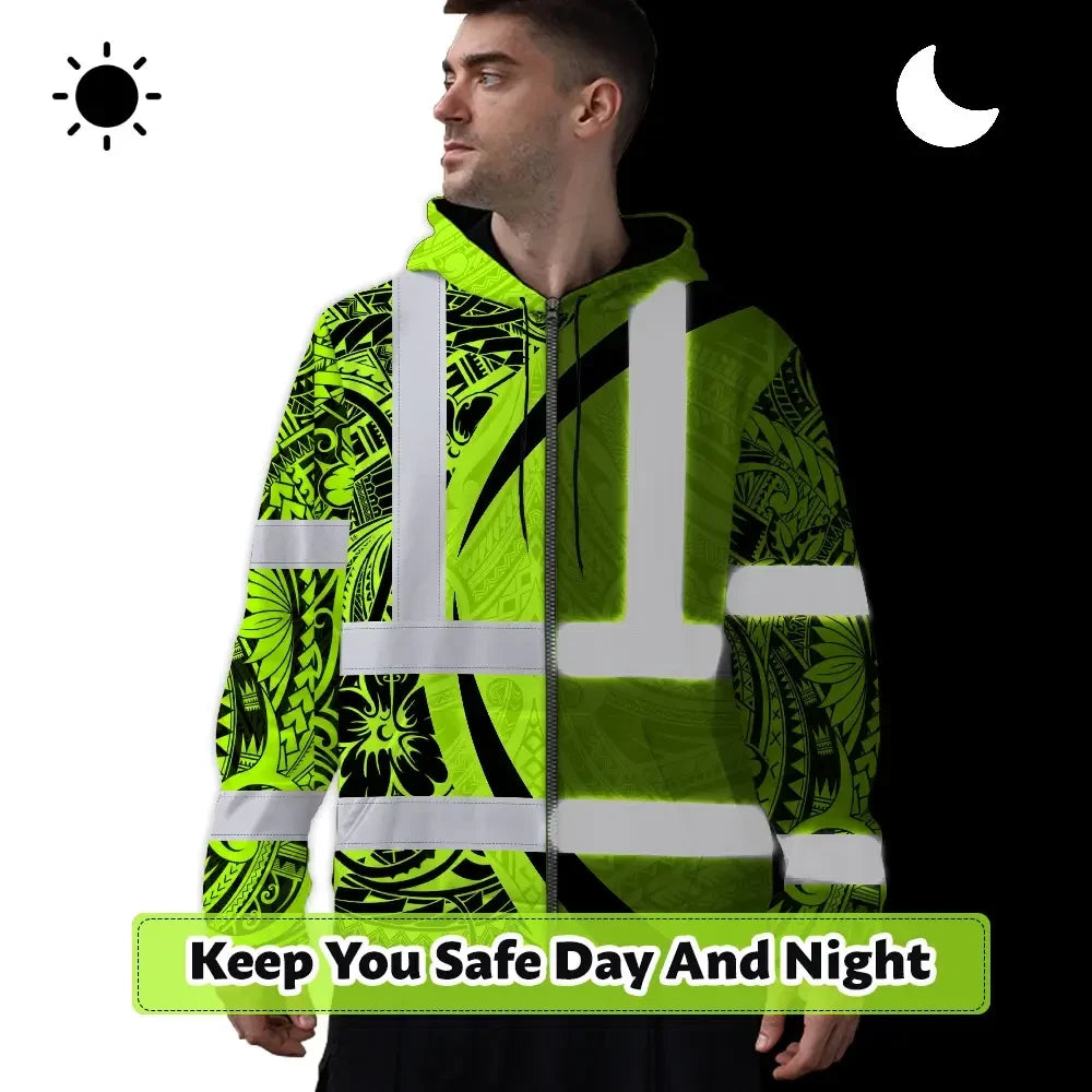 Hi Vis Zip Hoodie Reflective Tapes Green Hawaiian Polynesian Tribal Custom Name Safety Workwear For Workers, Truckers, Operators