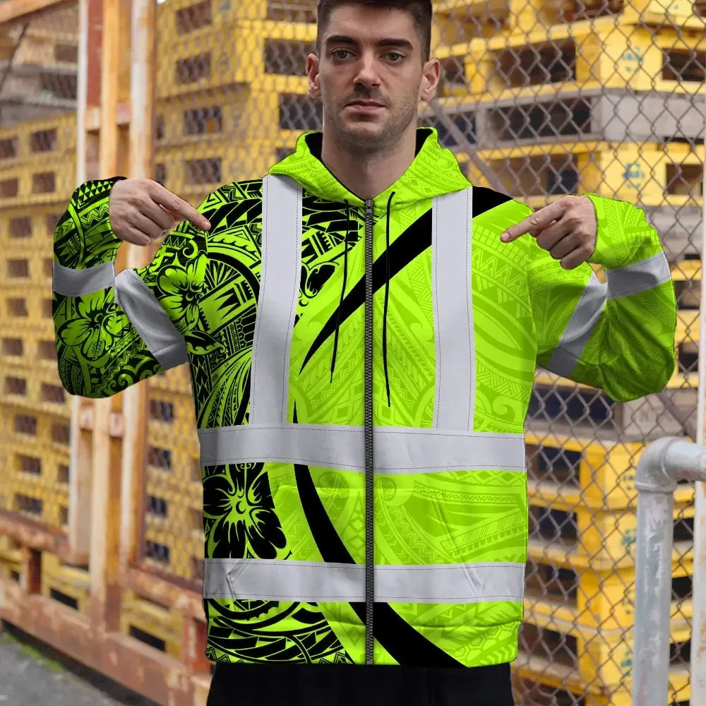 Hi Vis Zip Hoodie Reflective Tapes Green Hawaiian Polynesian Tribal Custom Name Safety Workwear For Workers, Truckers, Operators